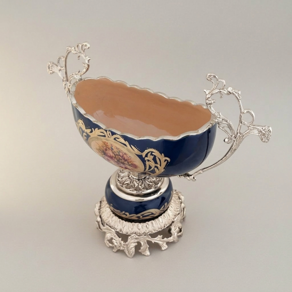 Rococo Brass & Porcelain Pedestal Compote - Floral Medallion Navy Blue