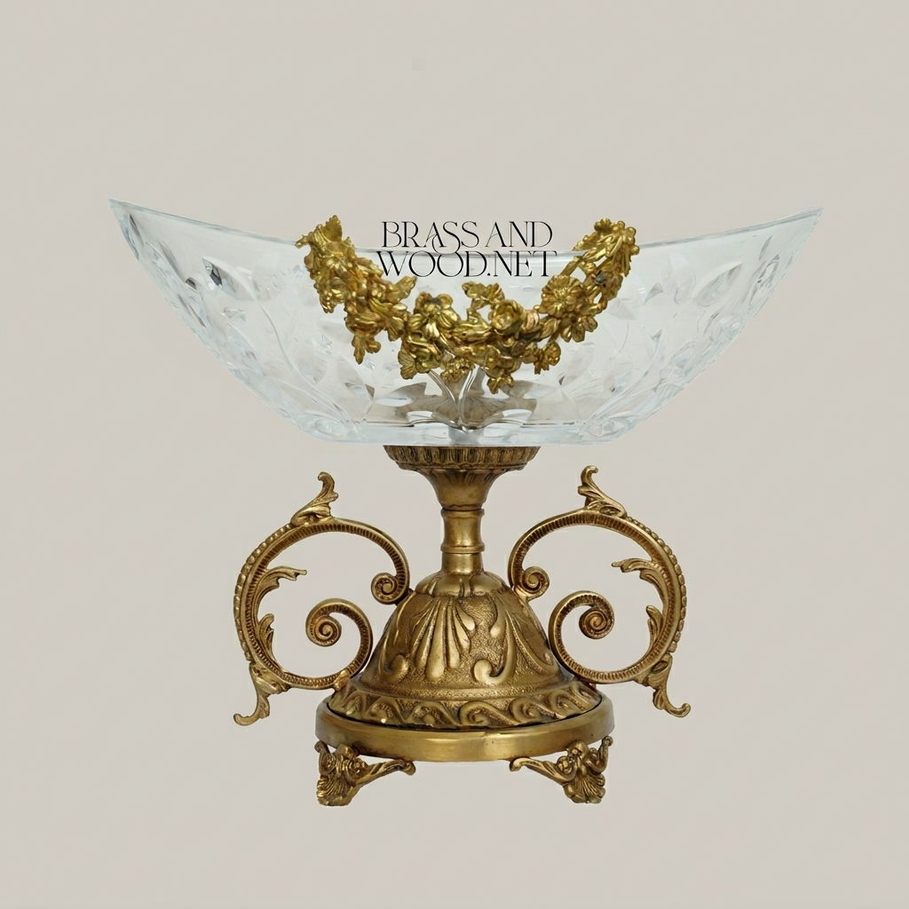 Classical Brass & Crystal Compote Bowl - Floral Scrollwork Pedestal