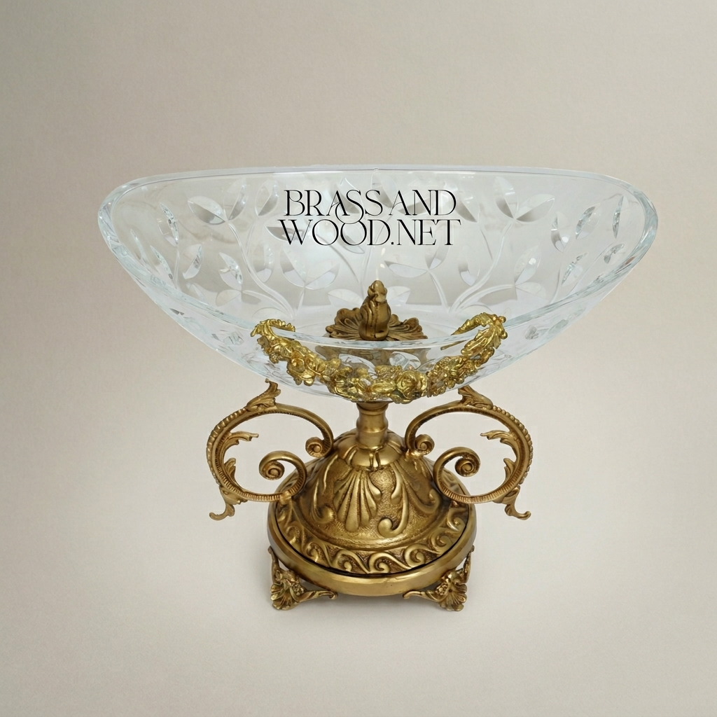 Classical Brass & Crystal Compote Bowl - Floral Scrollwork Pedestal