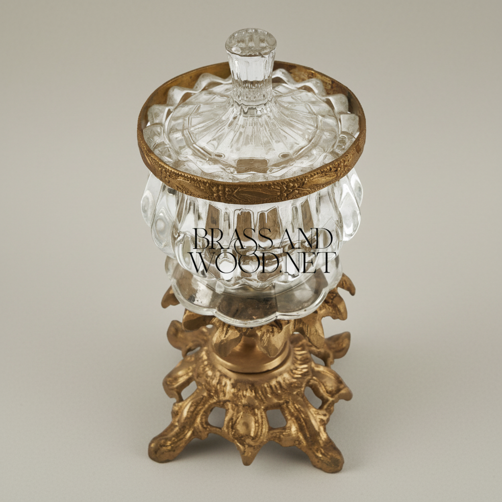 Napoleon III Rococo Revival Crystal & Brass Bonbonniere - Lobed Bowl with Foliate Pedestal