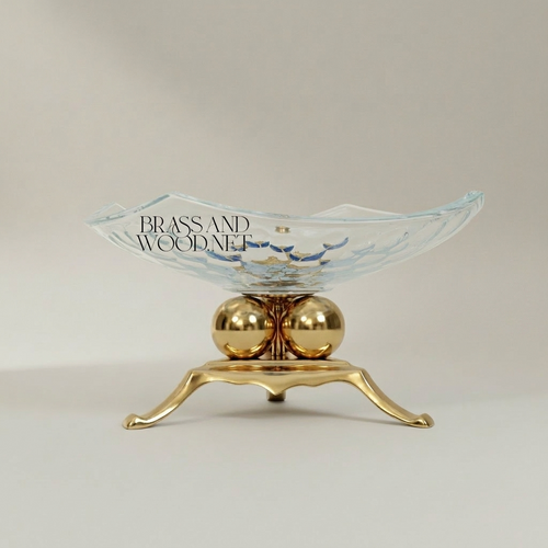 Art Deco Glass Shell Candy Dish on Brass Sphere Base