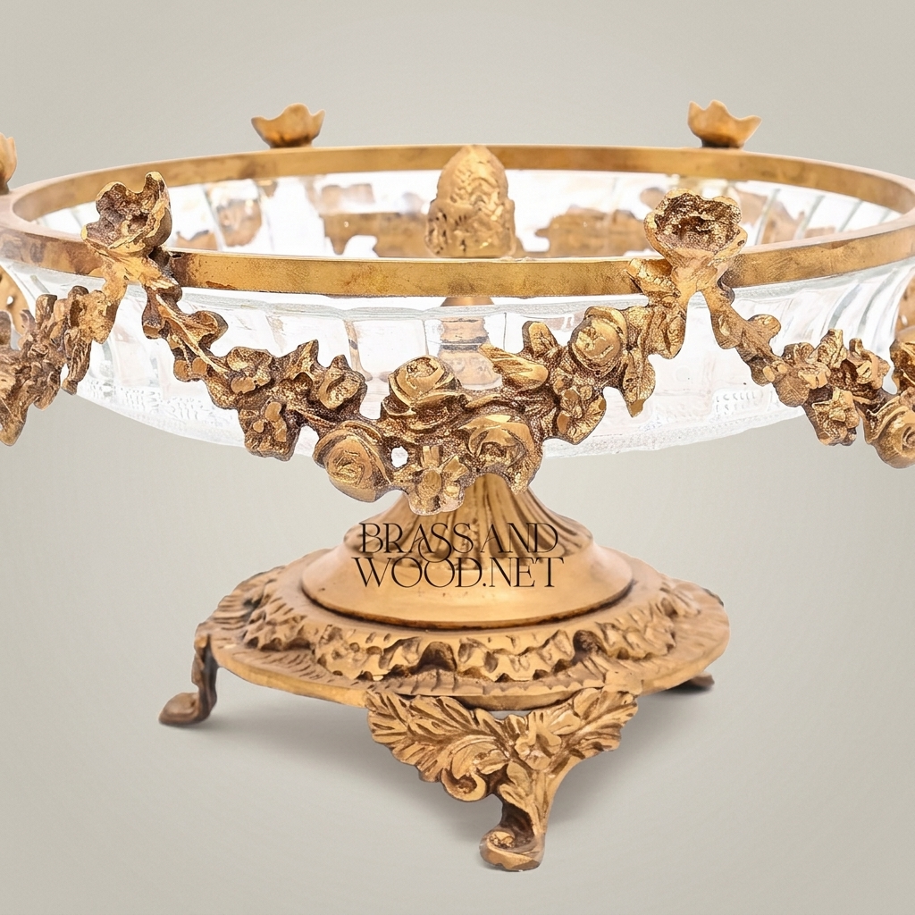 Baroque Brass & Crystal Bonbonniere with Floral Garland Pedestal