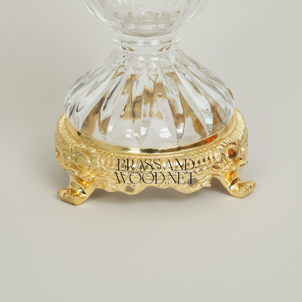 Neoclassical Lidded Crystal Urn Vase with Acanthus Brass Mounts & Ornate Footed Base