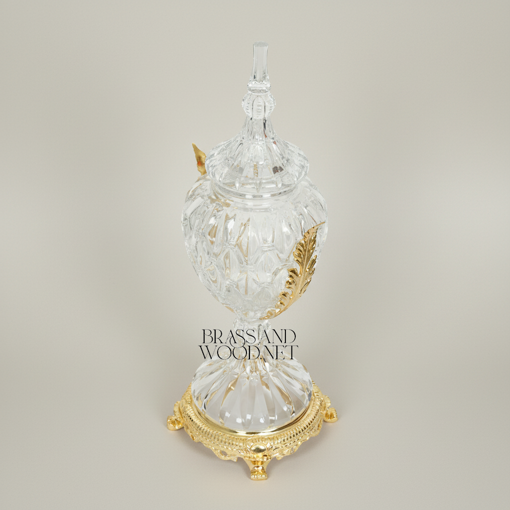 Neoclassical Lidded Crystal Urn Vase with Acanthus Brass Mounts & Ornate Footed Base