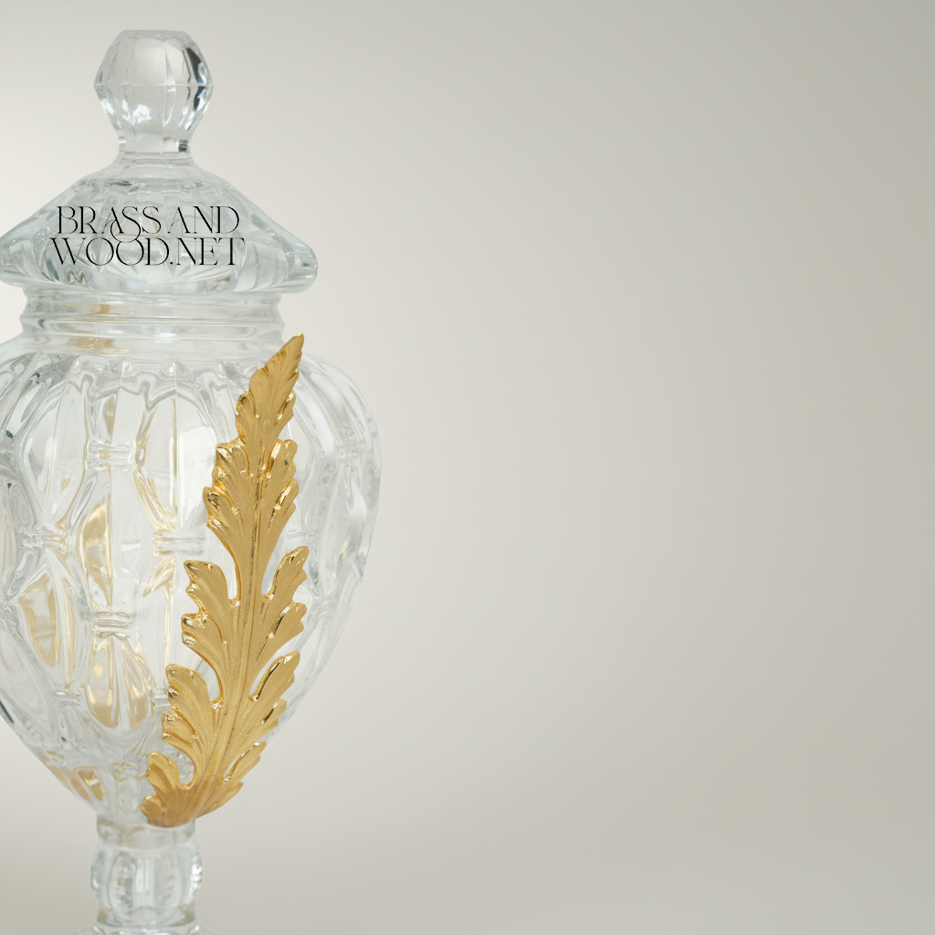 Neoclassical Lidded Crystal Urn Vase with Acanthus Brass Mounts & Ornate Footed Base