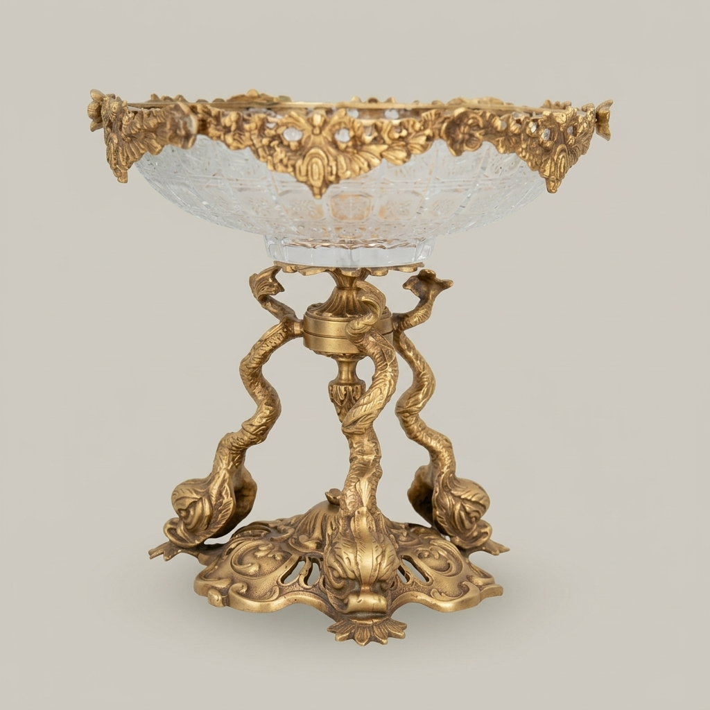 Baroque Crystal & Brass Compote Stand - Serpent Column with Ornate Floral Rim