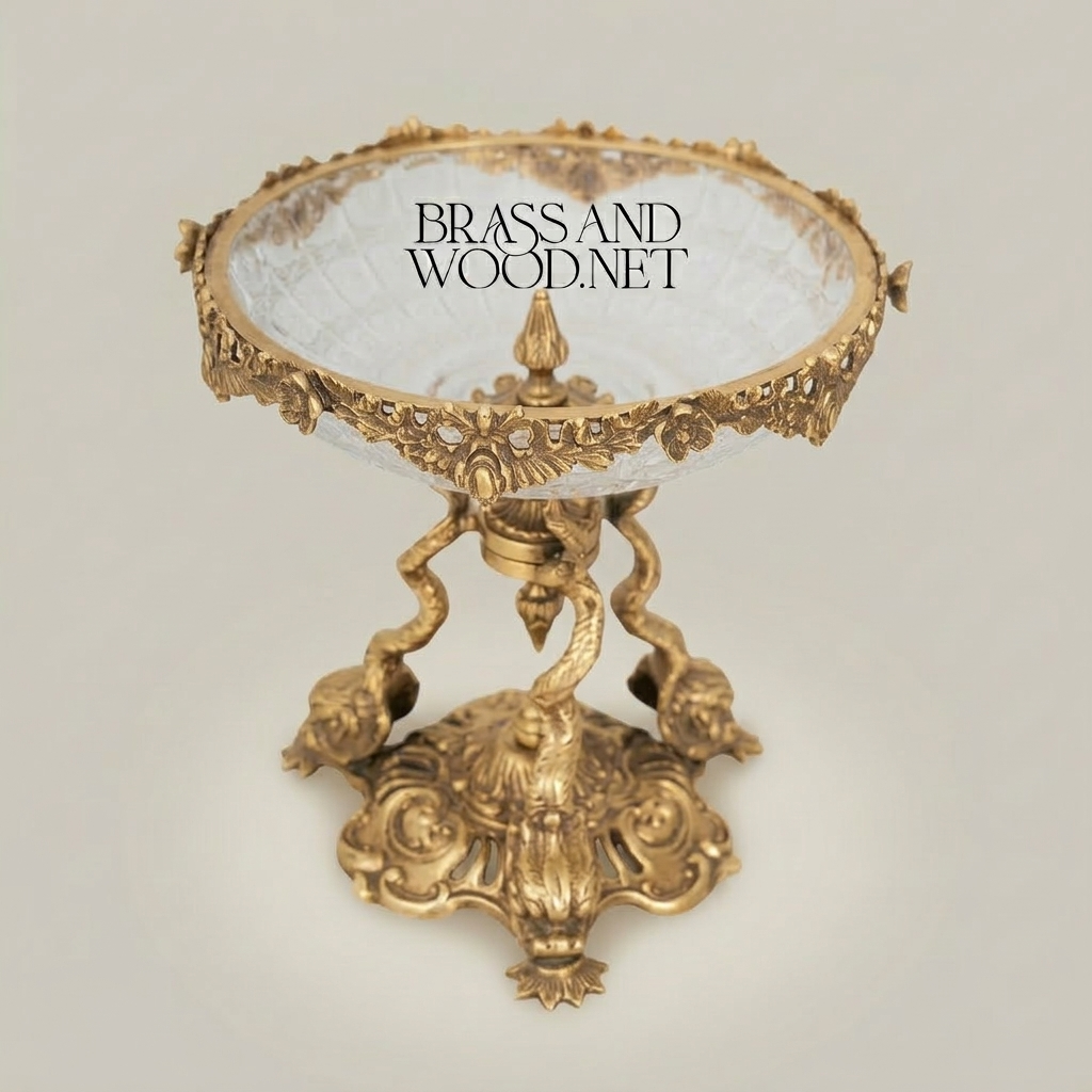 Baroque Crystal & Brass Compote Stand - Serpent Column with Ornate Floral Rim