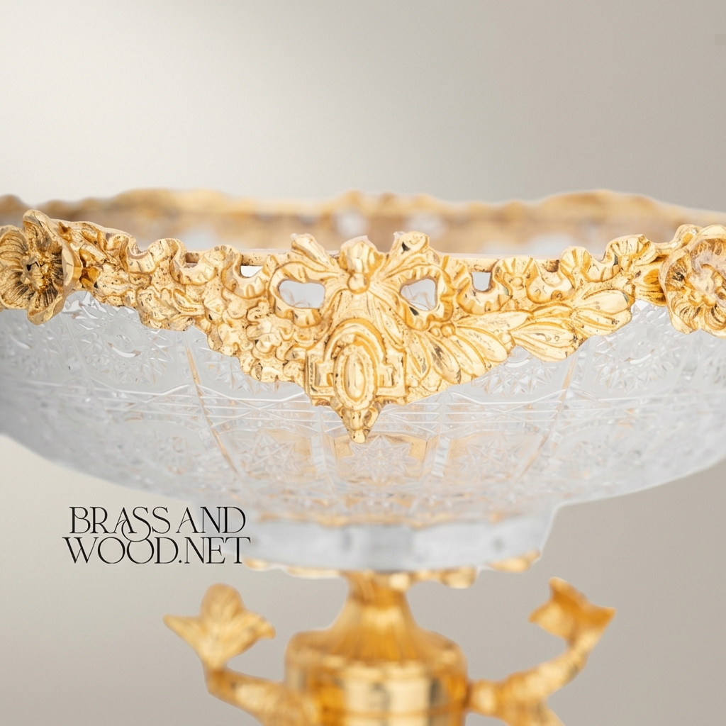 Baroque Crystal & Brass Compote Stand - Serpent Column with Ornate Floral Rim