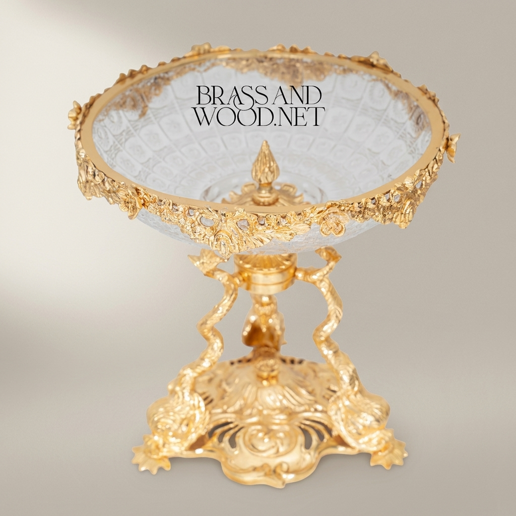 Baroque Crystal & Brass Compote Stand - Serpent Column with Ornate Floral Rim