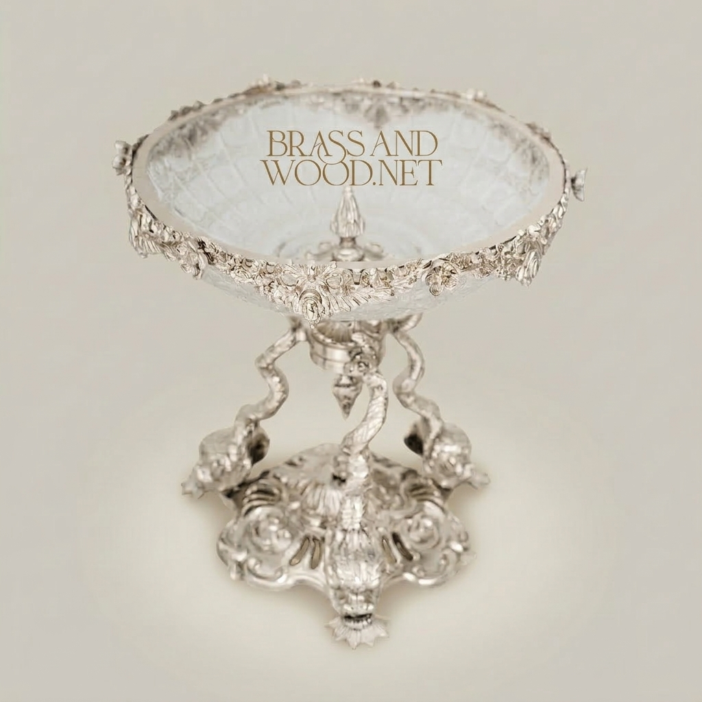 Baroque Crystal & Brass Compote Stand - Serpent Column with Ornate Floral Rim