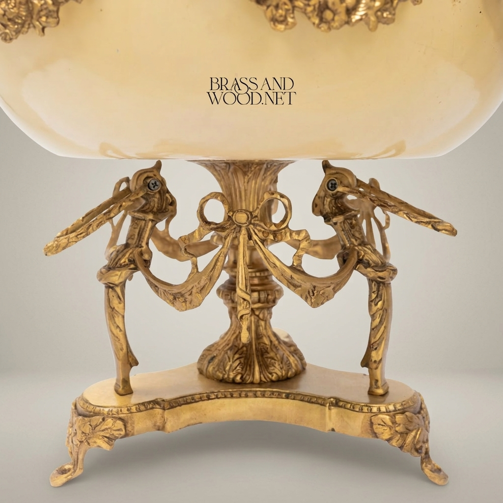 Neoclassical Brass & Ceramic Centerpiece Bowl with Bird Figurines & Hand-Painted Landscape