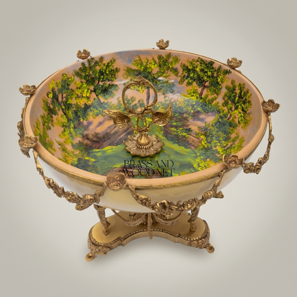 Neoclassical Brass & Ceramic Centerpiece Bowl with Bird Figurines & Hand-Painted Landscape