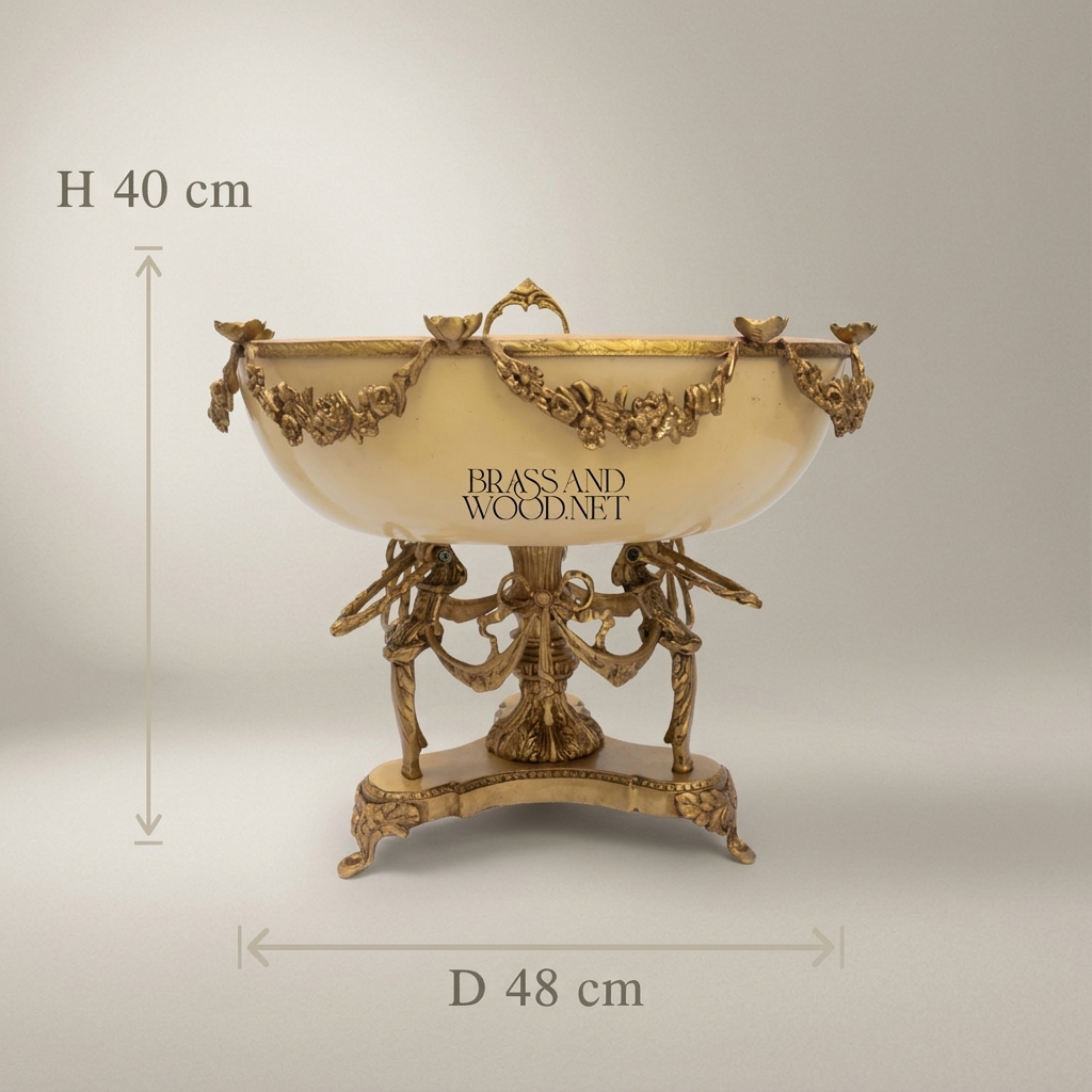 Neoclassical Brass & Ceramic Centerpiece Bowl with Bird Figurines & Hand-Painted Landscape