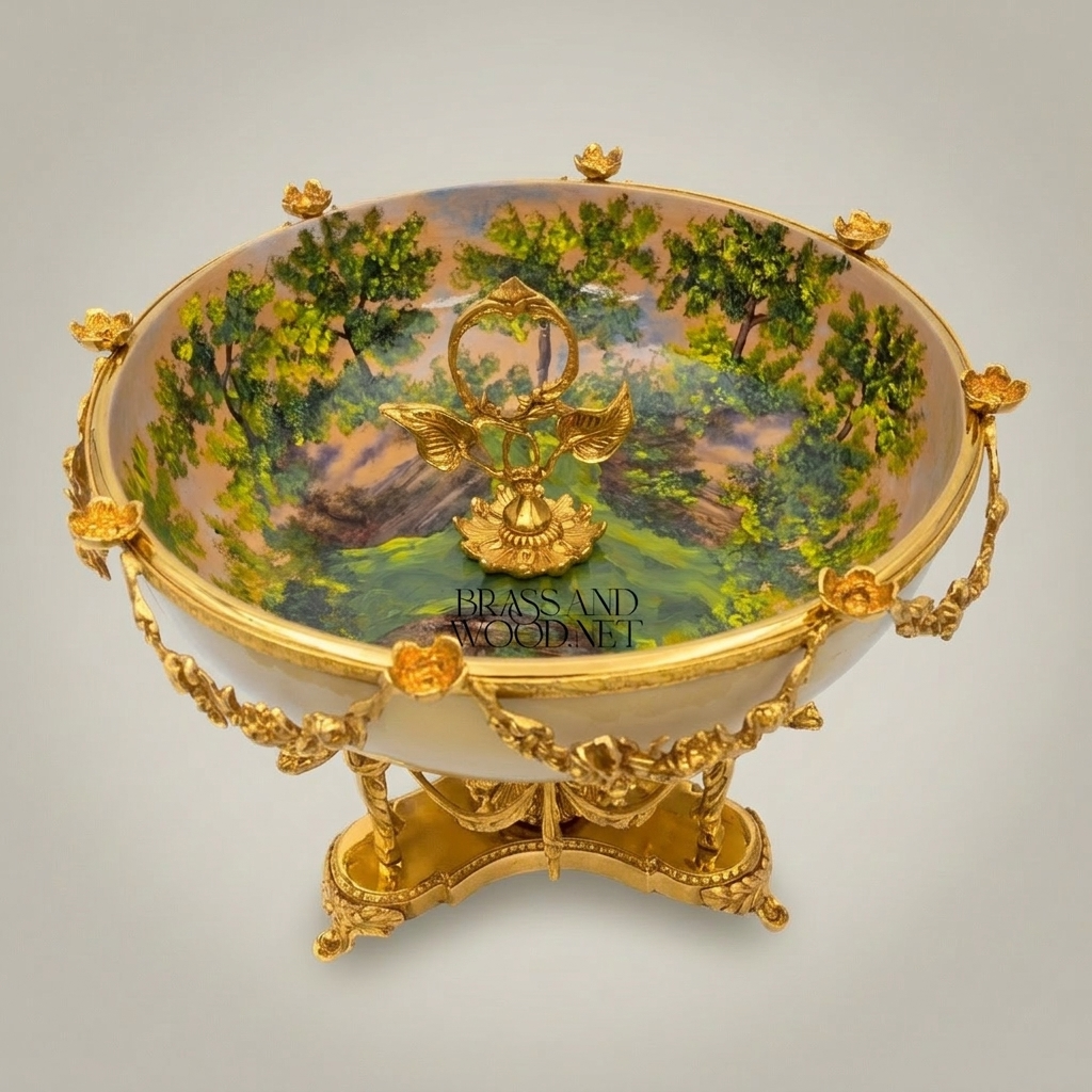 Neoclassical Brass & Ceramic Centerpiece Bowl with Bird Figurines & Hand-Painted Landscape