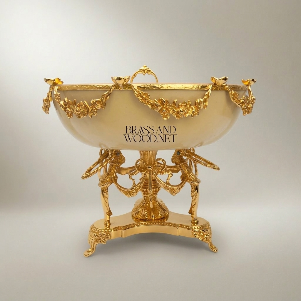 Neoclassical Brass & Ceramic Centerpiece Bowl with Bird Figurines & Hand-Painted Landscape