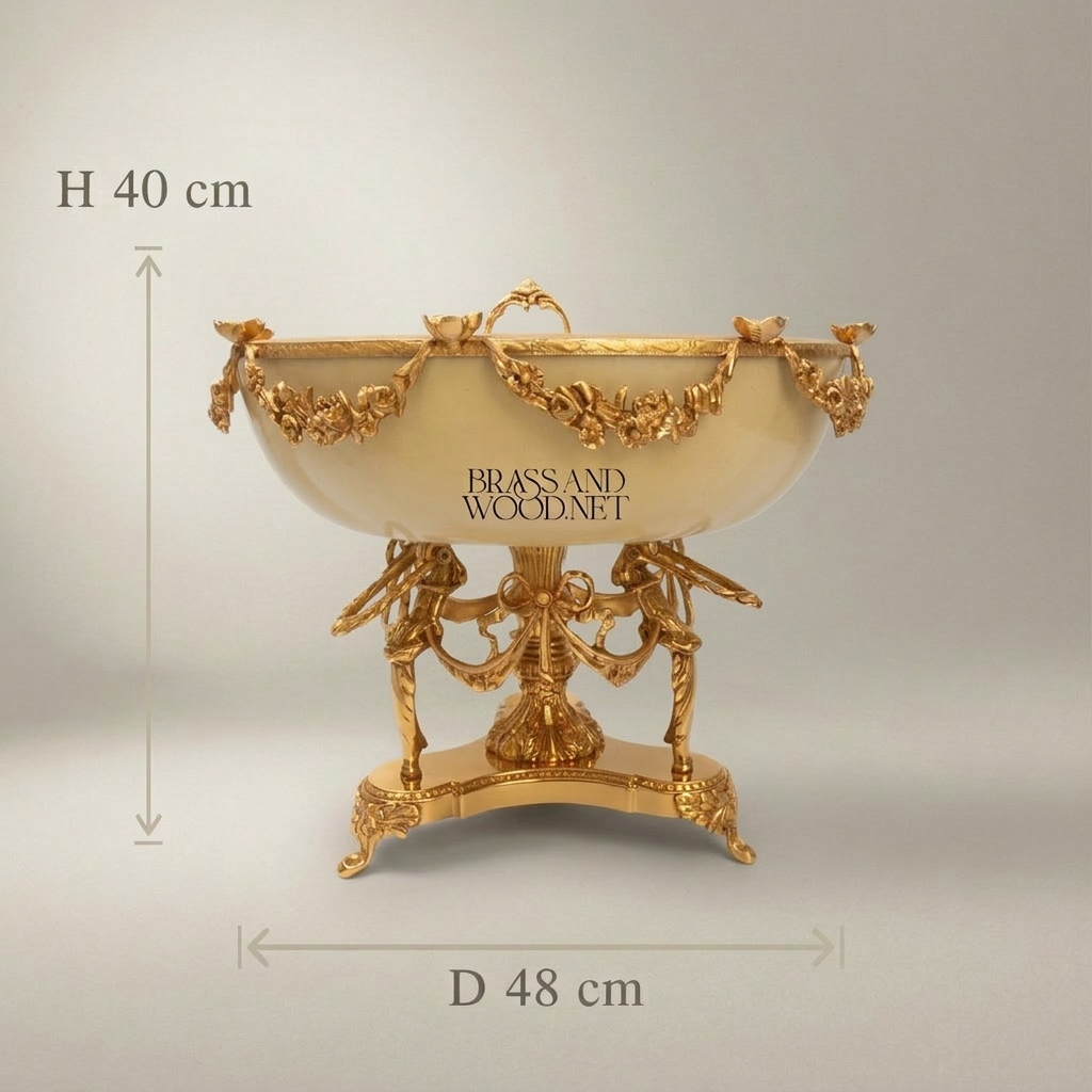 Neoclassical Brass & Ceramic Centerpiece Bowl with Bird Figurines & Hand-Painted Landscape