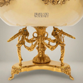 Neoclassical Brass & Ceramic Centerpiece Bowl with Bird Figurines & Hand-Painted Landscape