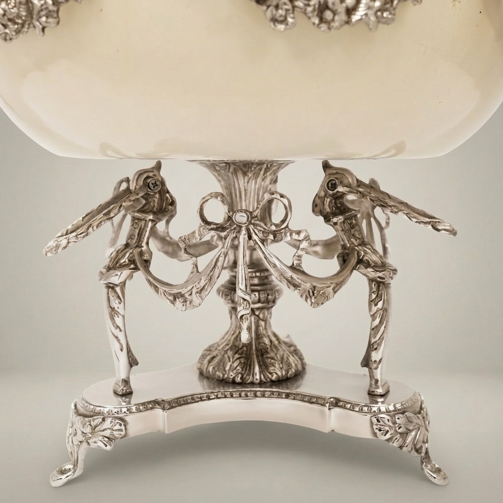 Neoclassical Brass & Ceramic Centerpiece Bowl with Bird Figurines & Hand-Painted Landscape