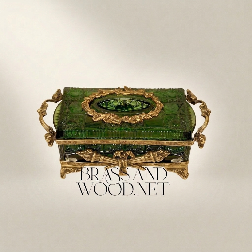Belle Époque Emerald Glass Tissue Box with Gilt Foliate Brass Mounts