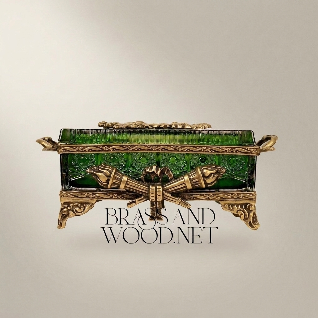 Belle Époque Emerald Glass Tissue Box with Gilt Foliate Brass Mounts