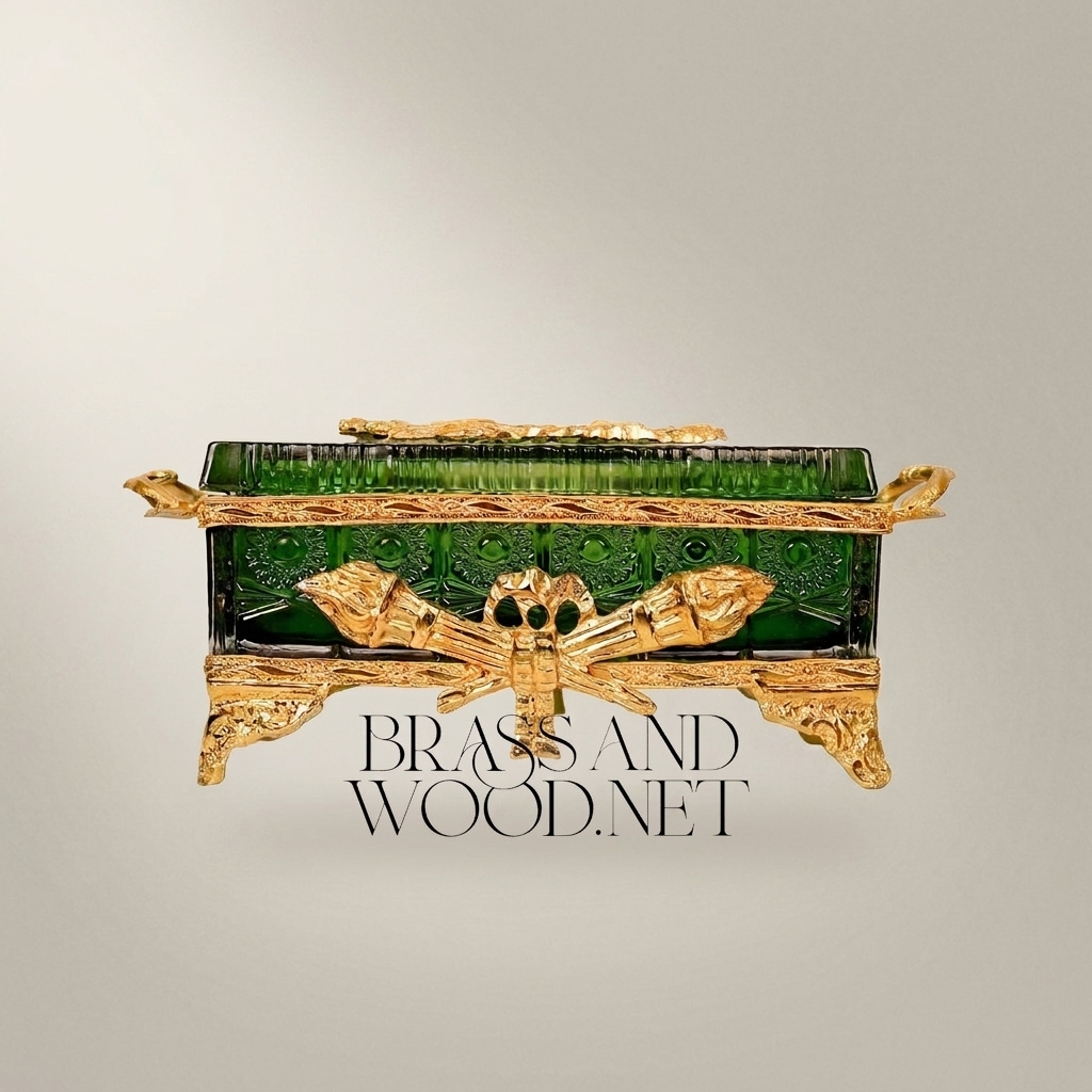 Belle Époque Emerald Glass Tissue Box with Gilt Foliate Brass Mounts