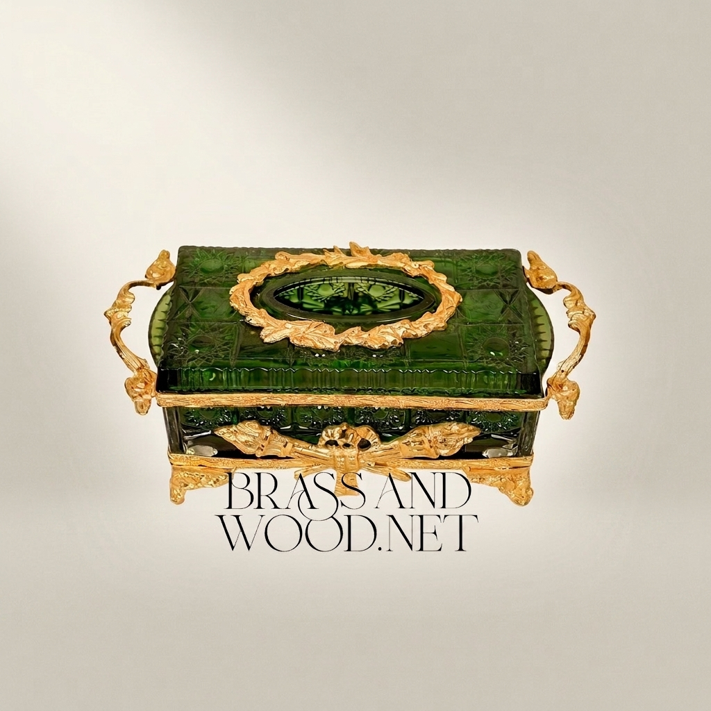 Belle Époque Emerald Glass Tissue Box with Gilt Foliate Brass Mounts