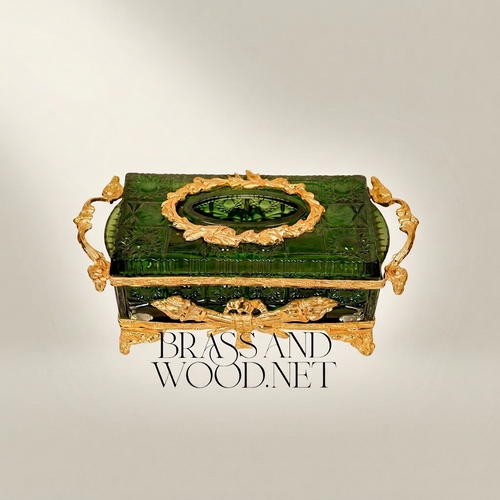 Belle Époque Emerald Glass Tissue Box with Gilt Foliate Brass Mounts