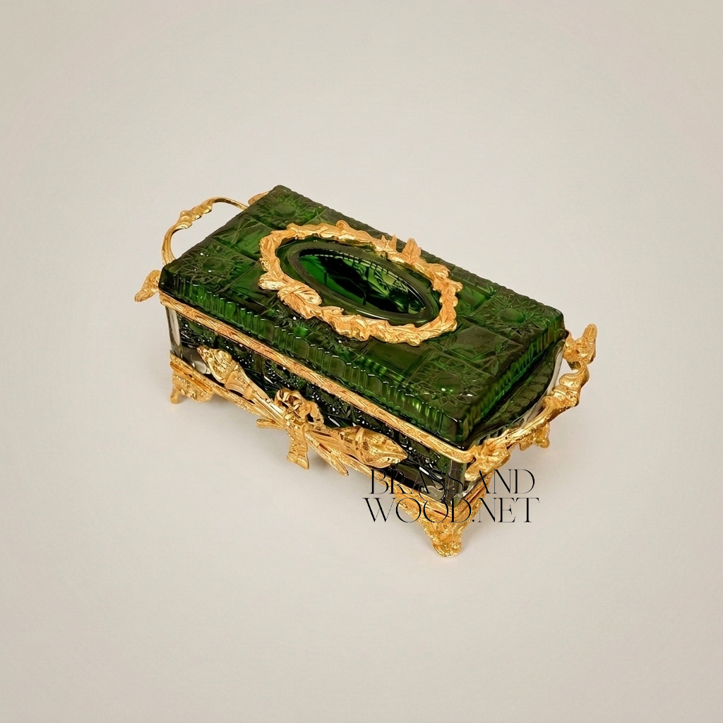 Belle Époque Emerald Glass Tissue Box with Gilt Foliate Brass Mounts