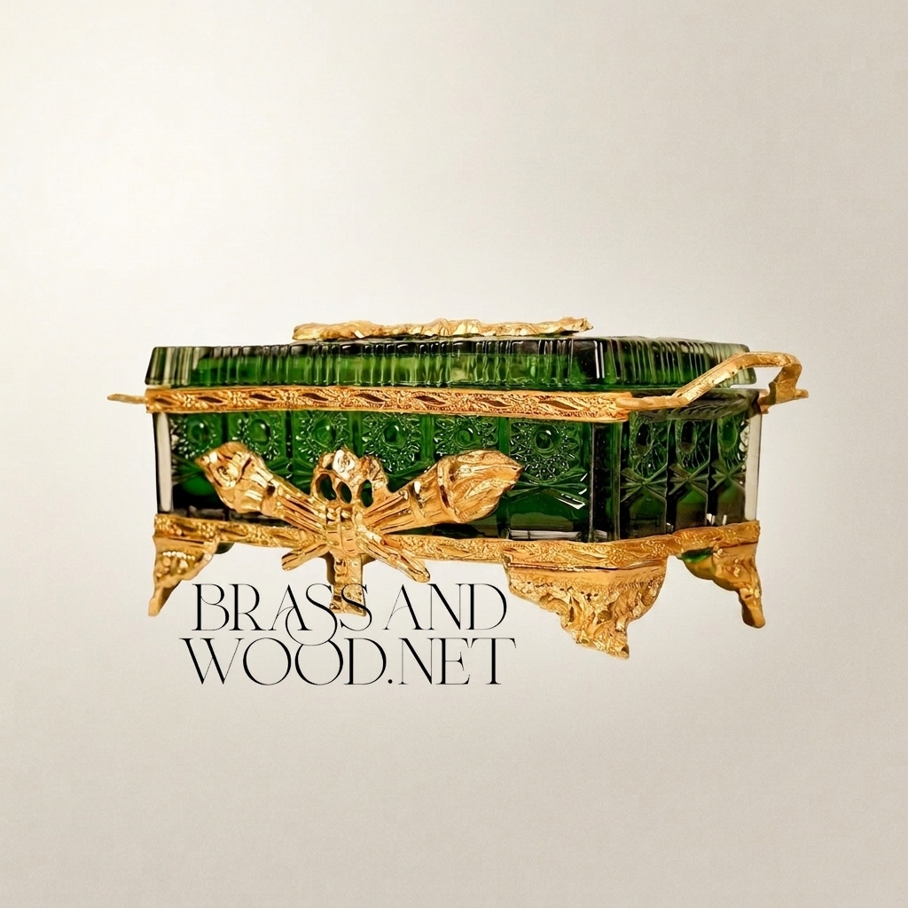 Belle Époque Emerald Glass Tissue Box with Gilt Foliate Brass Mounts