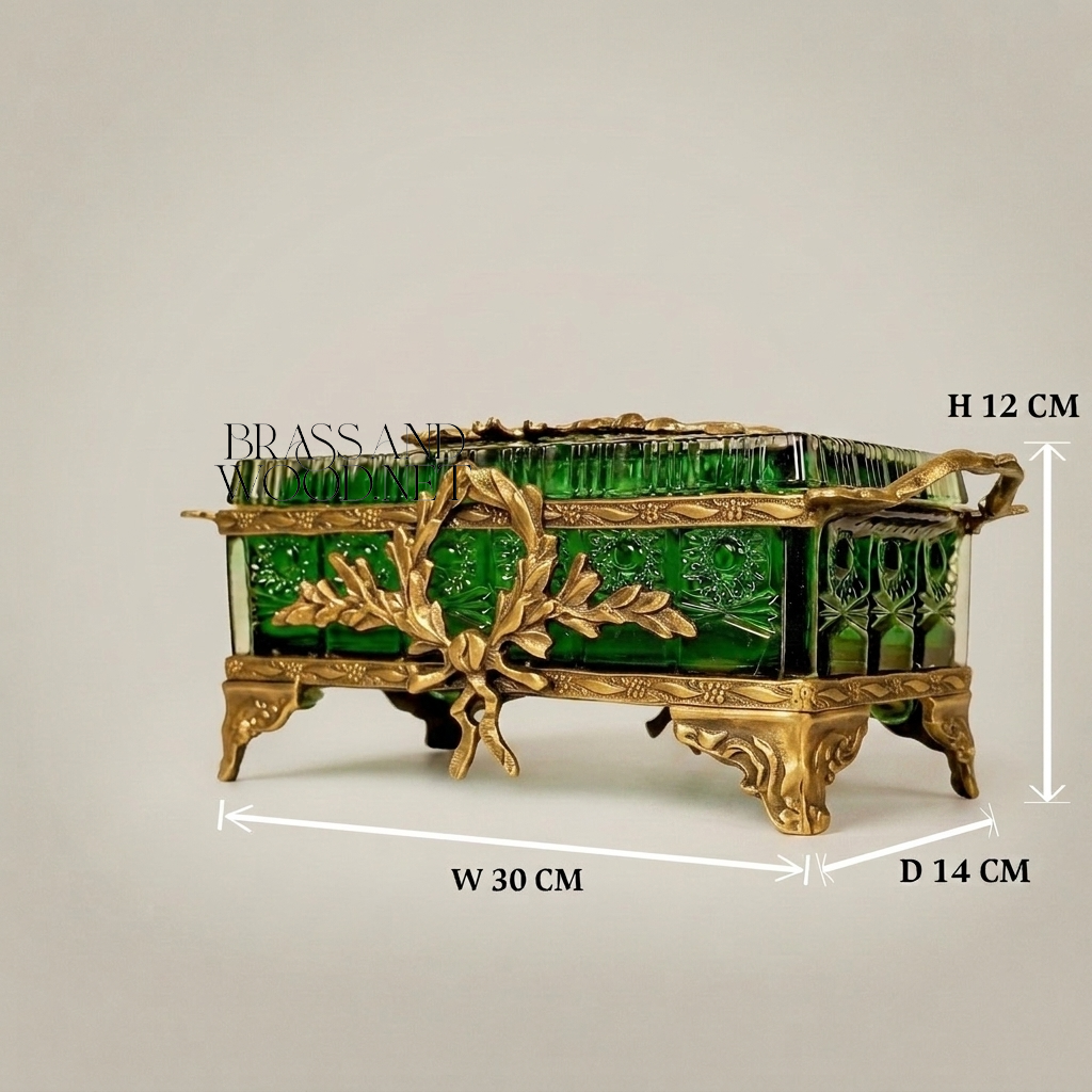 Napoleon III Emerald Green Glass Tissue Box with Gilt Brass Oak Leaf Mounts