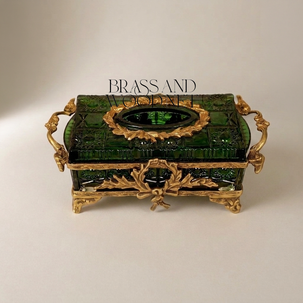 Napoleon III Emerald Green Glass Tissue Box with Gilt Brass Oak Leaf Mounts