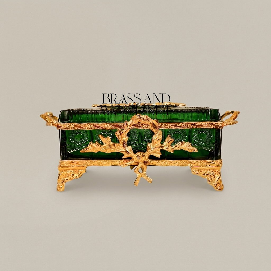 Napoleon III Emerald Green Glass Tissue Box with Gilt Brass Oak Leaf Mounts