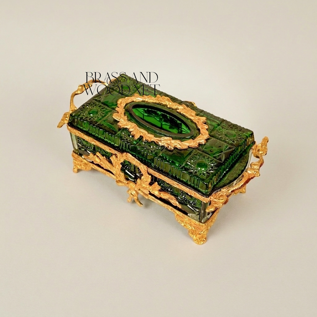 Napoleon III Emerald Green Glass Tissue Box with Gilt Brass Oak Leaf Mounts
