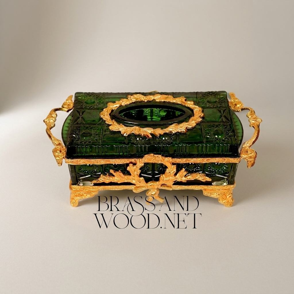 Napoleon III Emerald Green Glass Tissue Box with Gilt Brass Oak Leaf Mounts