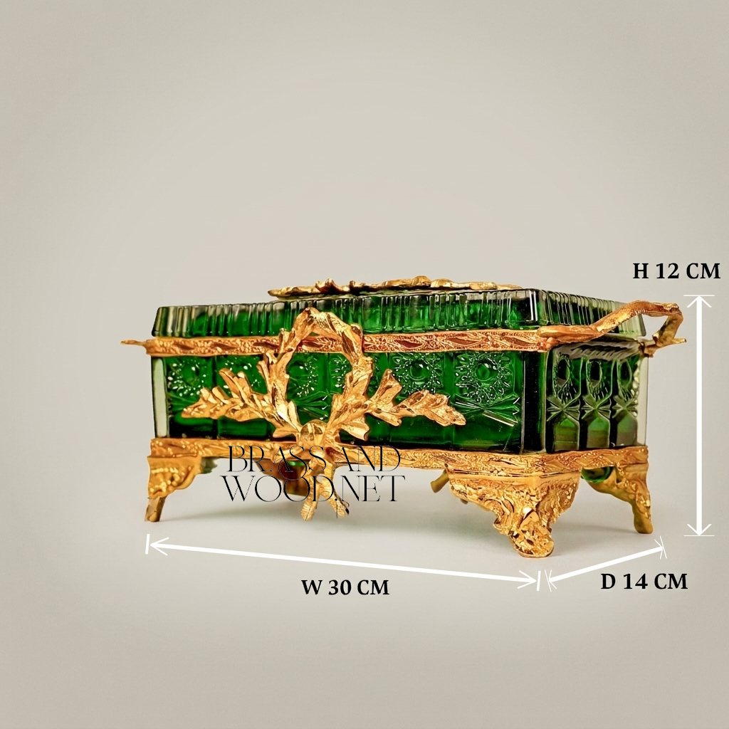 Napoleon III Emerald Green Glass Tissue Box with Gilt Brass Oak Leaf Mounts