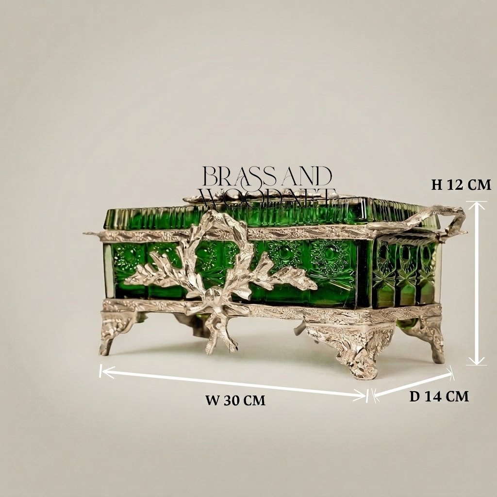 Napoleon III Emerald Green Glass Tissue Box with Gilt Brass Oak Leaf Mounts