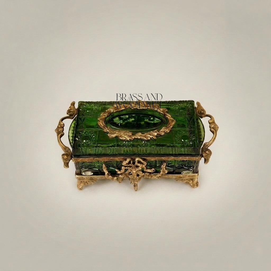 Napoleon III Rococo Revival Emerald Glass Tissue Box - Ornate Brass Cartouche Lid