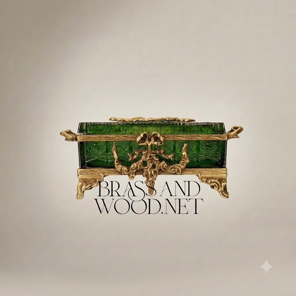 Napoleon III Rococo Revival Emerald Glass Tissue Box - Ornate Brass Cartouche Lid