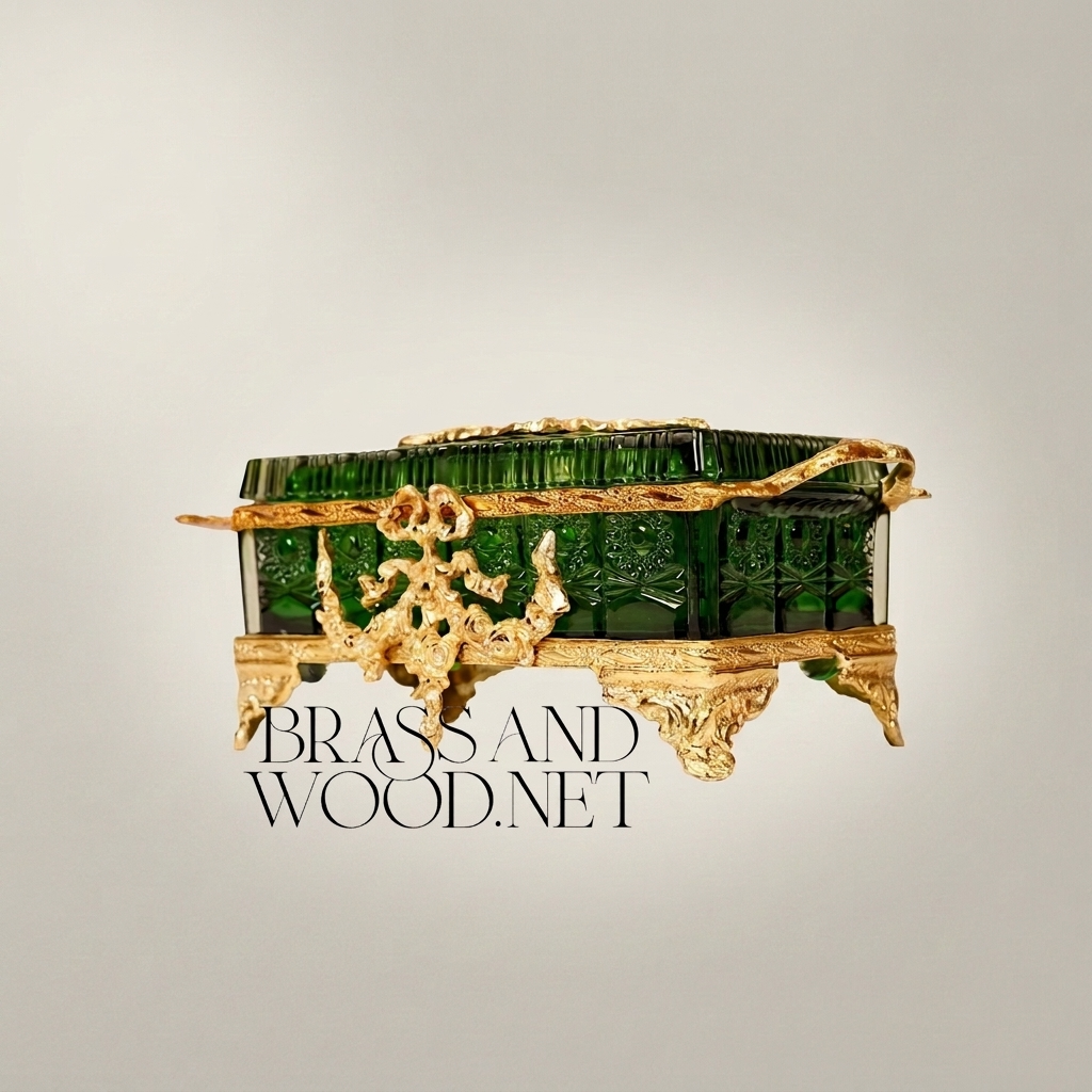 Napoleon III Rococo Revival Emerald Glass Tissue Box - Ornate Brass Cartouche Lid