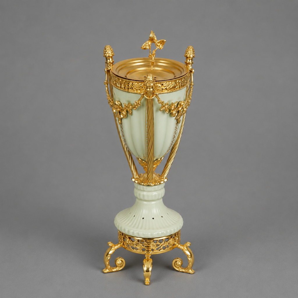 Neoclassical Celadon Ceramic Urn with Gilt Ormolu Mounts & Tripod Stand - Silver