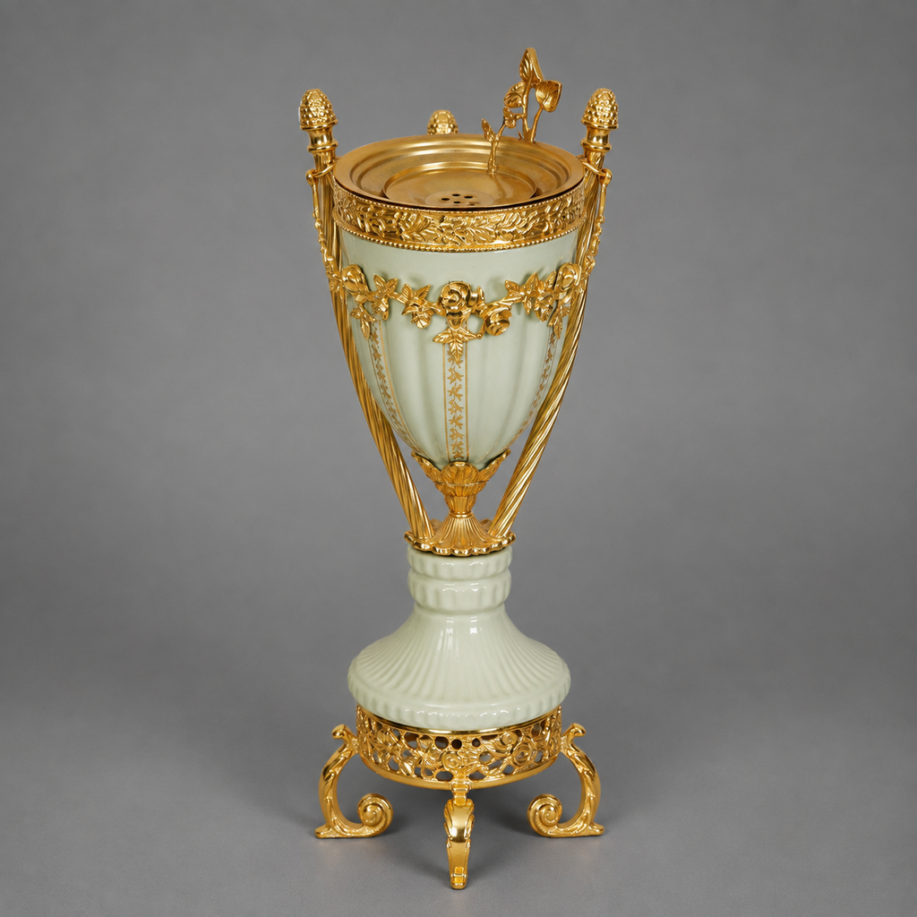 Neoclassical Celadon Ceramic Urn with Gilt Ormolu Mounts & Tripod Stand - Silver