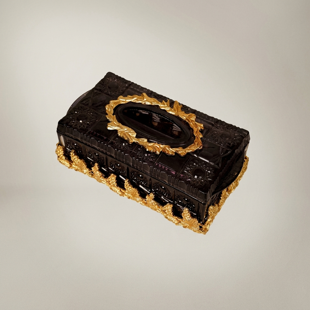 Smoked Crystal Tissue Box with Gilt Brass Laurel Medallion