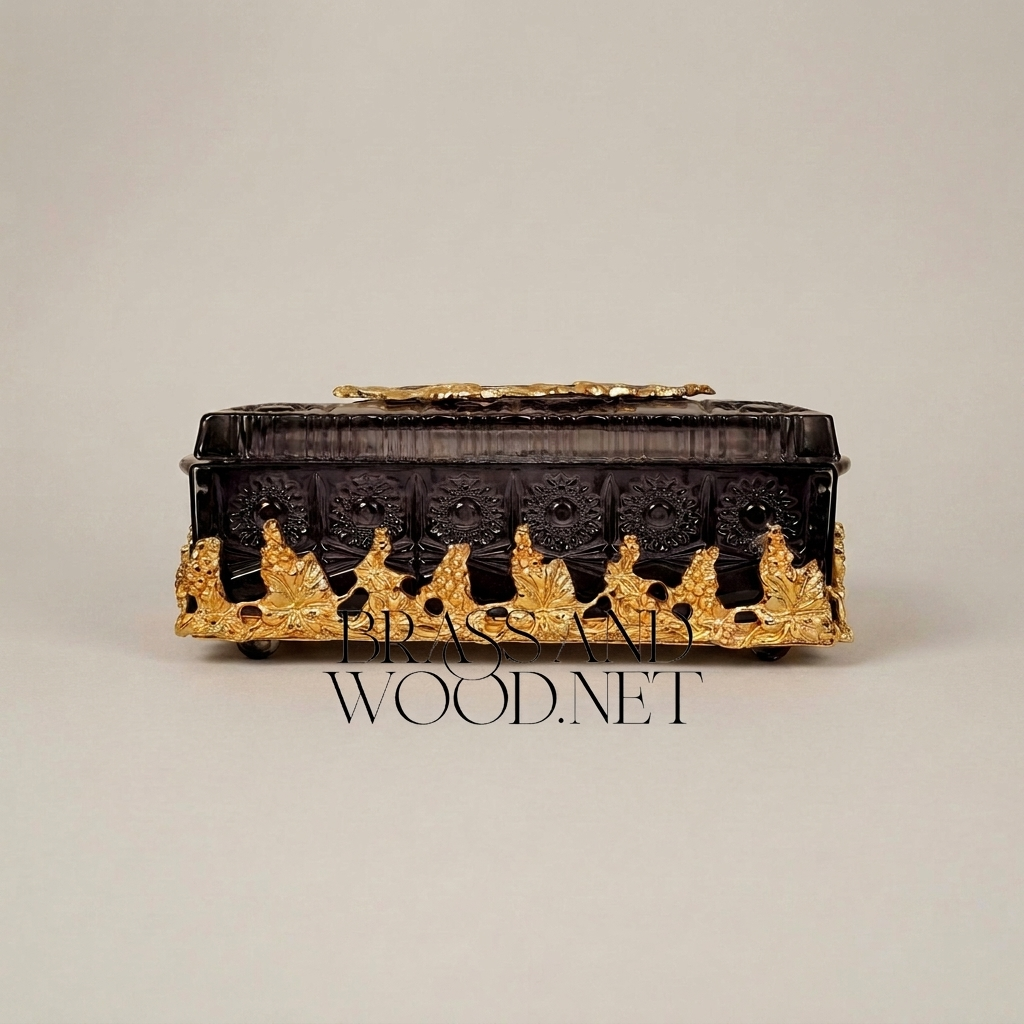 Smoked Crystal Tissue Box with Gilt Brass Laurel Medallion