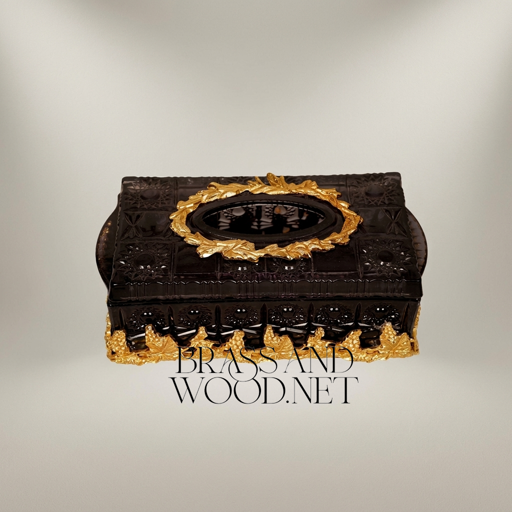 Smoked Crystal Tissue Box with Gilt Brass Laurel Medallion