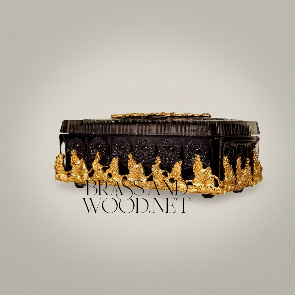 Smoked Crystal Tissue Box with Gilt Brass Laurel Medallion