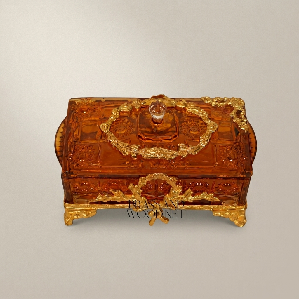 Neoclassical Amber Glass Bonbonniere with Gilt Brass Laurel Mounts