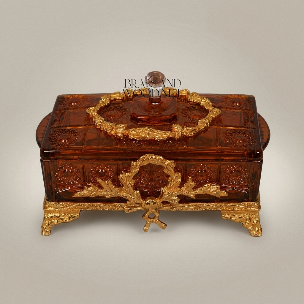 Neoclassical Amber Glass Bonbonniere with Gilt Brass Laurel Mounts