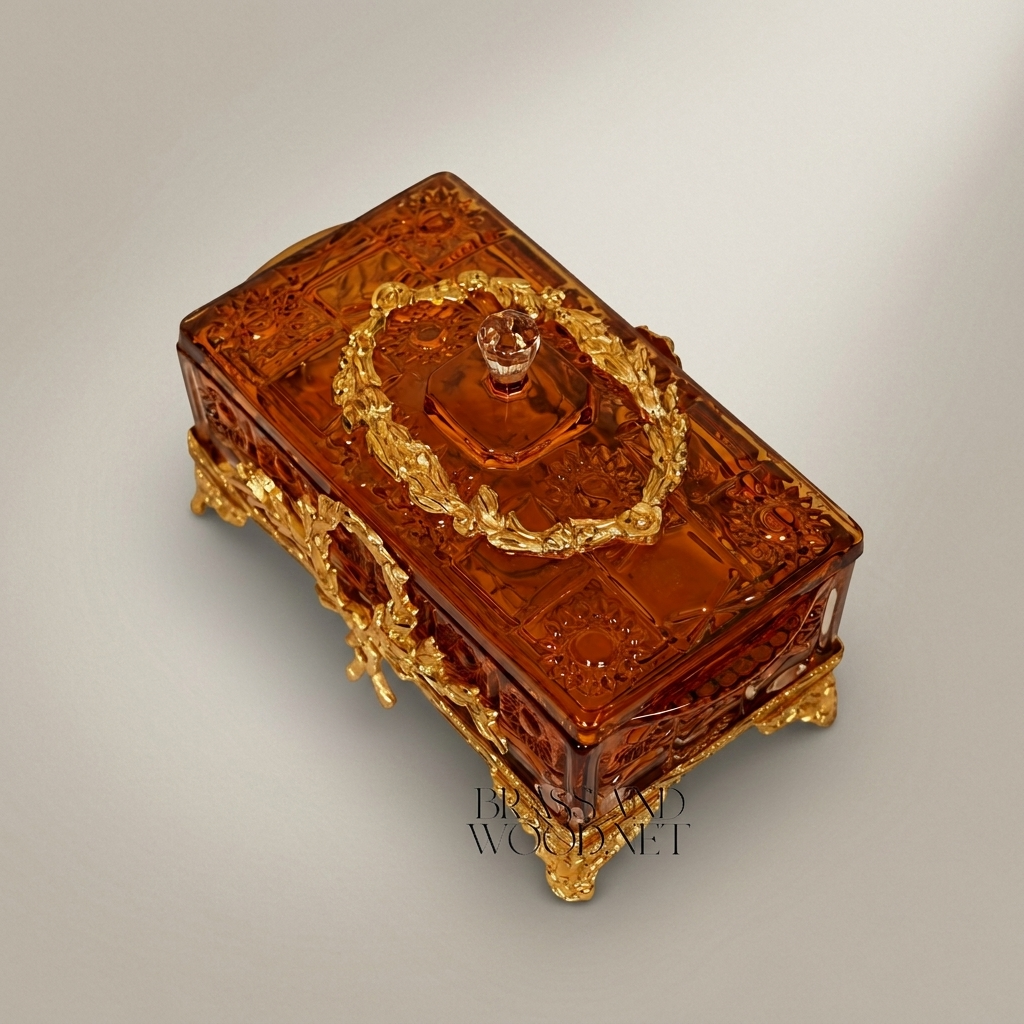 Neoclassical Amber Glass Bonbonniere with Gilt Brass Laurel Mounts