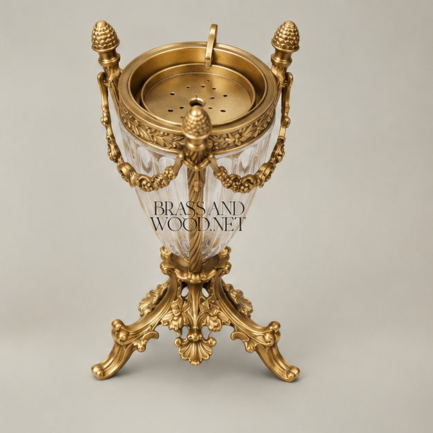 Louis XVI Crystal Brass Incense Burner with Garland Mounts & Pinecone Finials