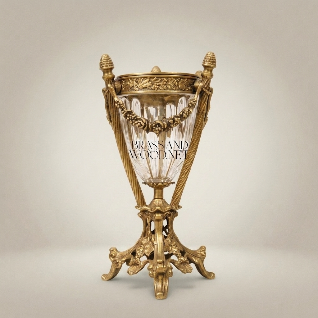 Louis XVI Crystal Brass Incense Burner with Garland Mounts & Pinecone Finials